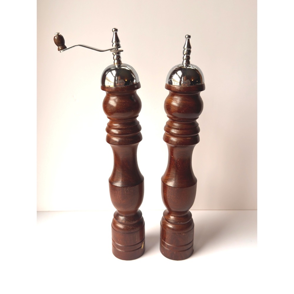 Vintage 12 Inch Wood Salt Shaker and Pepper Mill Set Hand Crank Made in Taiwan